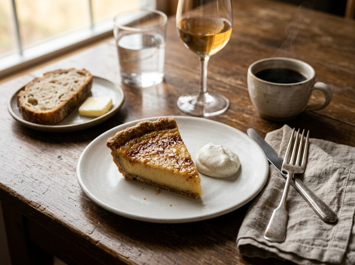 Plated slice of spelt salted honey pie with whipped cream and a cup of black coffee on a wooden table