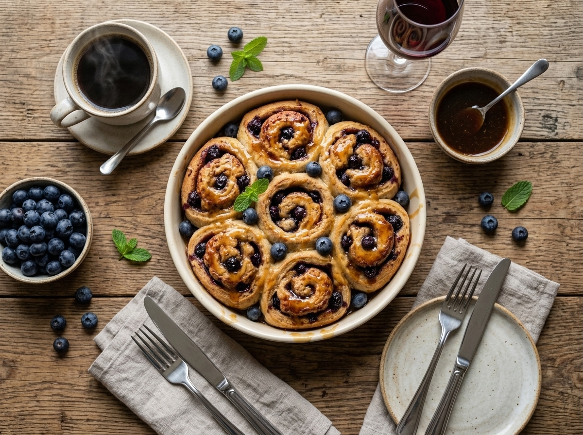 Plated spelt blueberry maple breakfast roll with glaze, coffee mug, and fresh blueberries on a wooden table