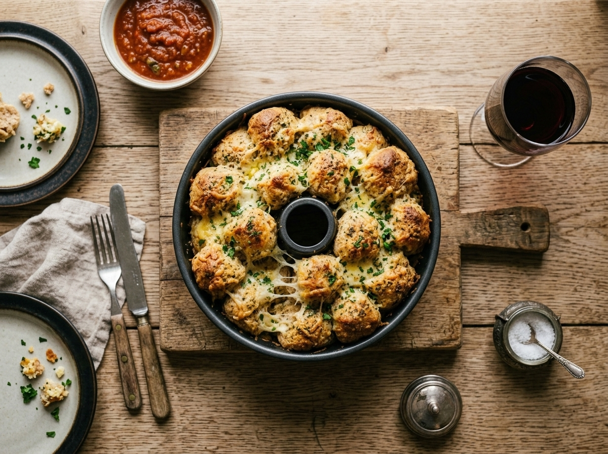 Pulled-apart spelt cheesy garlic monkey bread served on a board with marinara sauce and a glass of wine