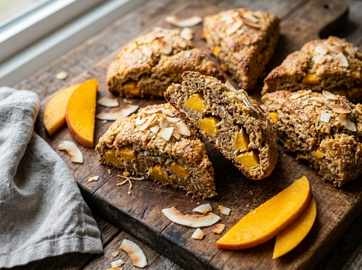 Golden spelt coconut mango scones on a wooden board with visible mango chunks and toasted coconut topping