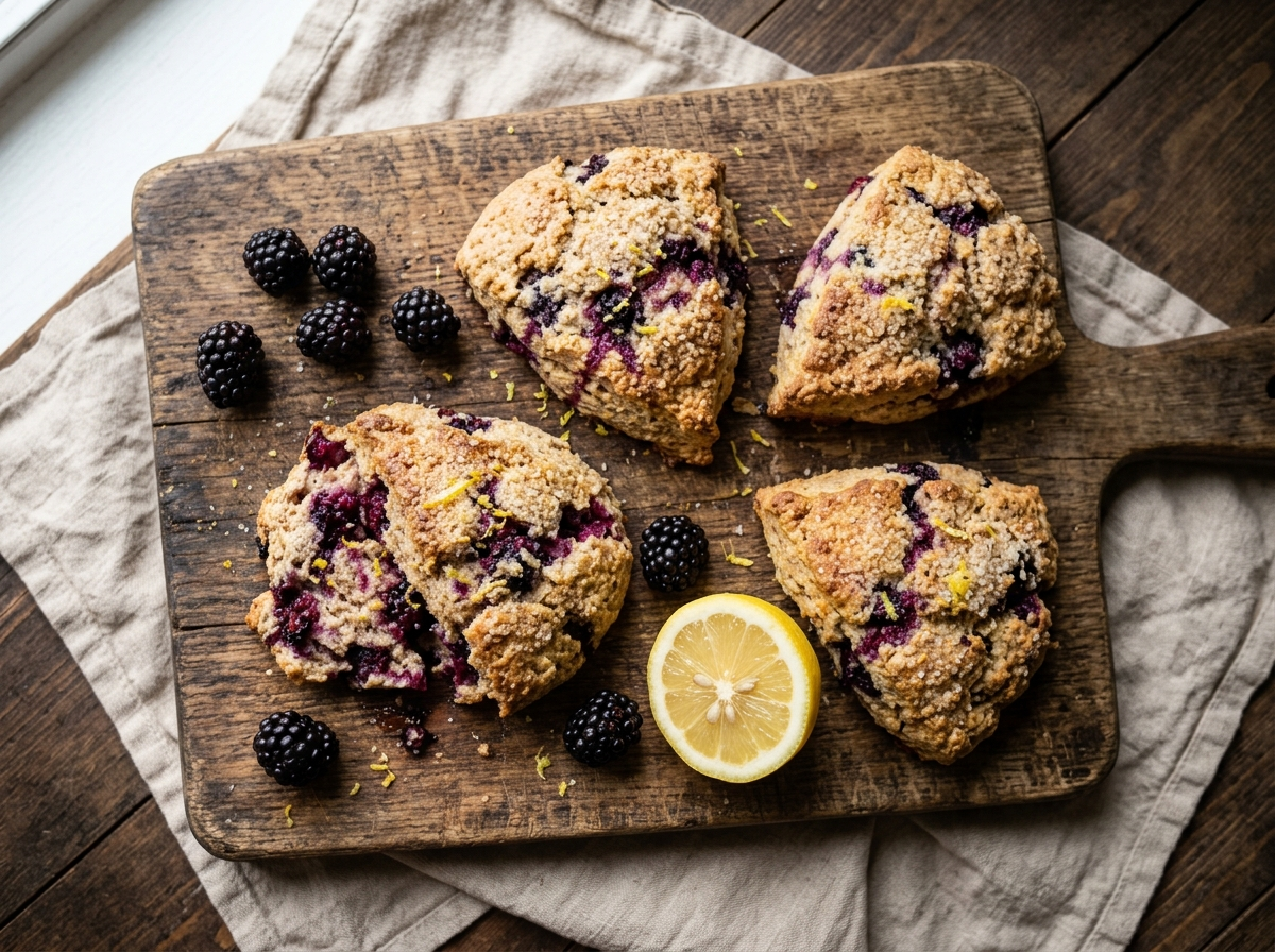 Golden spelt blackberry lemon scones cooling on a wooden board with fresh blackberries and lemon halves scattered around