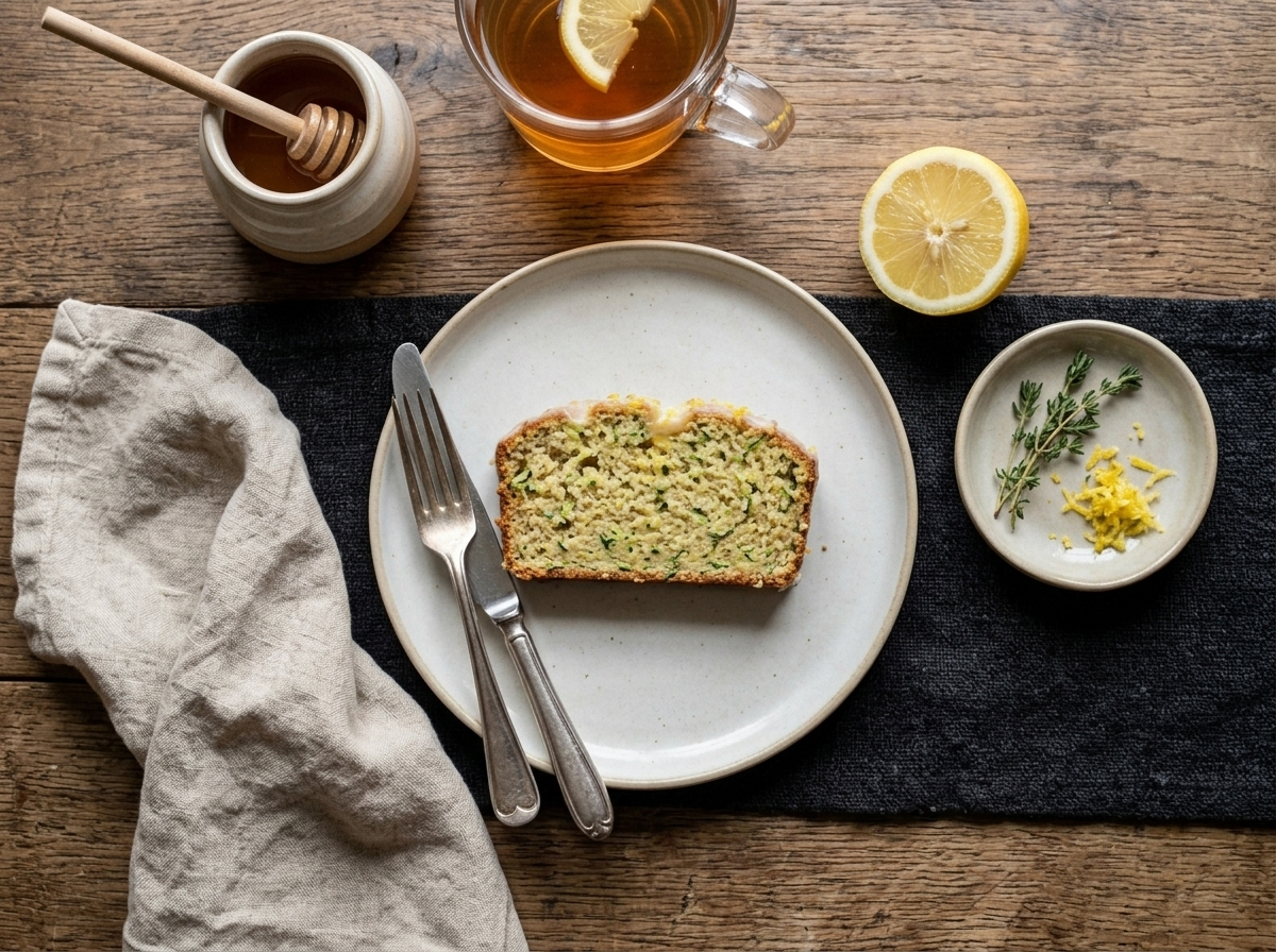 A glazed slice of spelt courgette lemon loaf served on a plate with tea and a halved lemon