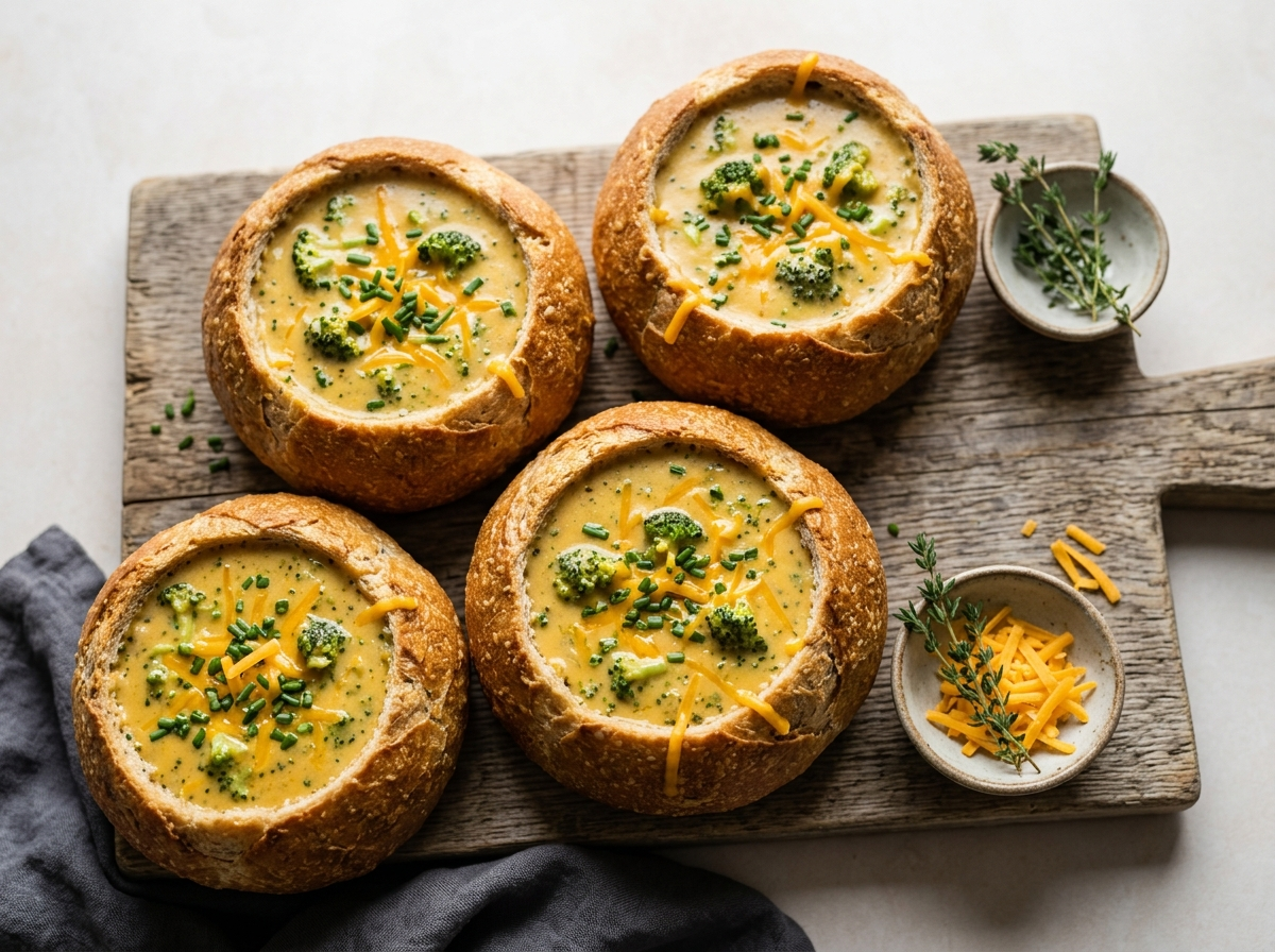 Golden spelt bread bowls filled with broccoli cheddar soup, topped with melted cheese and chives on a wooden board