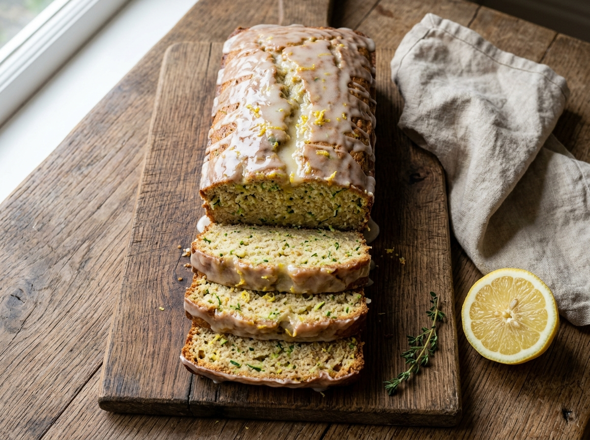 Sliced spelt courgette lemon loaf on a wooden board with lemon glaze and visible zucchini flecks in the crumb