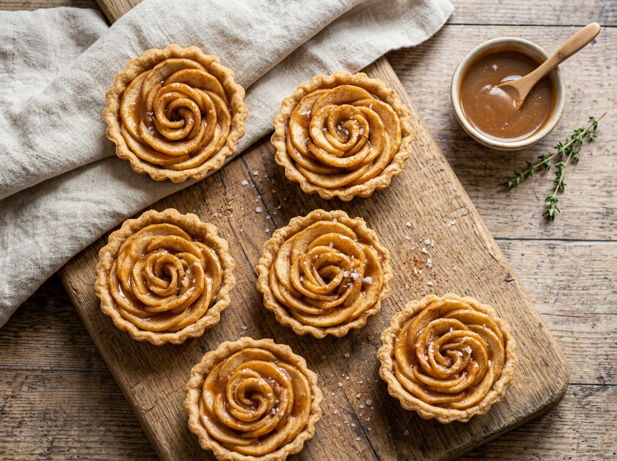 Six spelt salted caramel apple tartlets with glossy caramel drizzle and flaky salt on a wooden board
