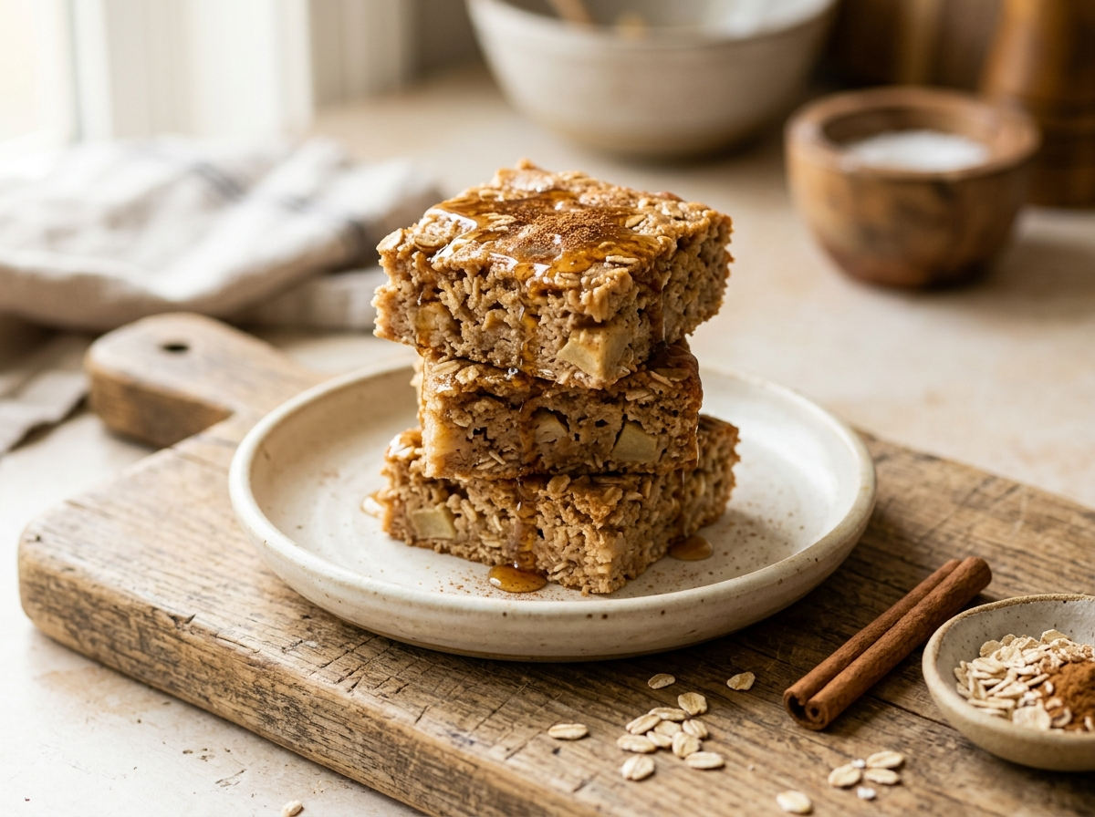 Stacked spelt apple cinnamon breakfast squares with visible apple chunks and a light maple drizzle on a wooden board