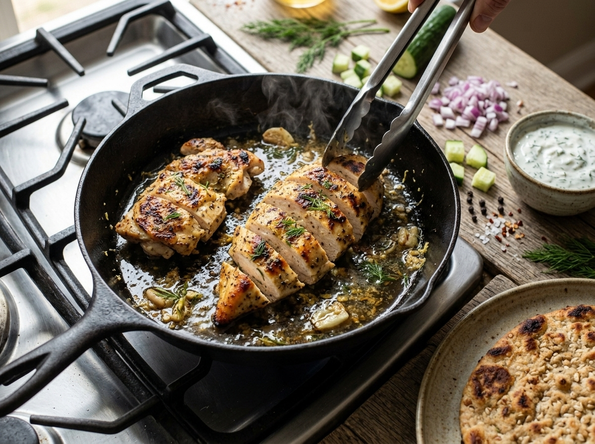 Lemon garlic chicken thighs searing in a cast iron skillet with golden crust and garlic in the pan juices