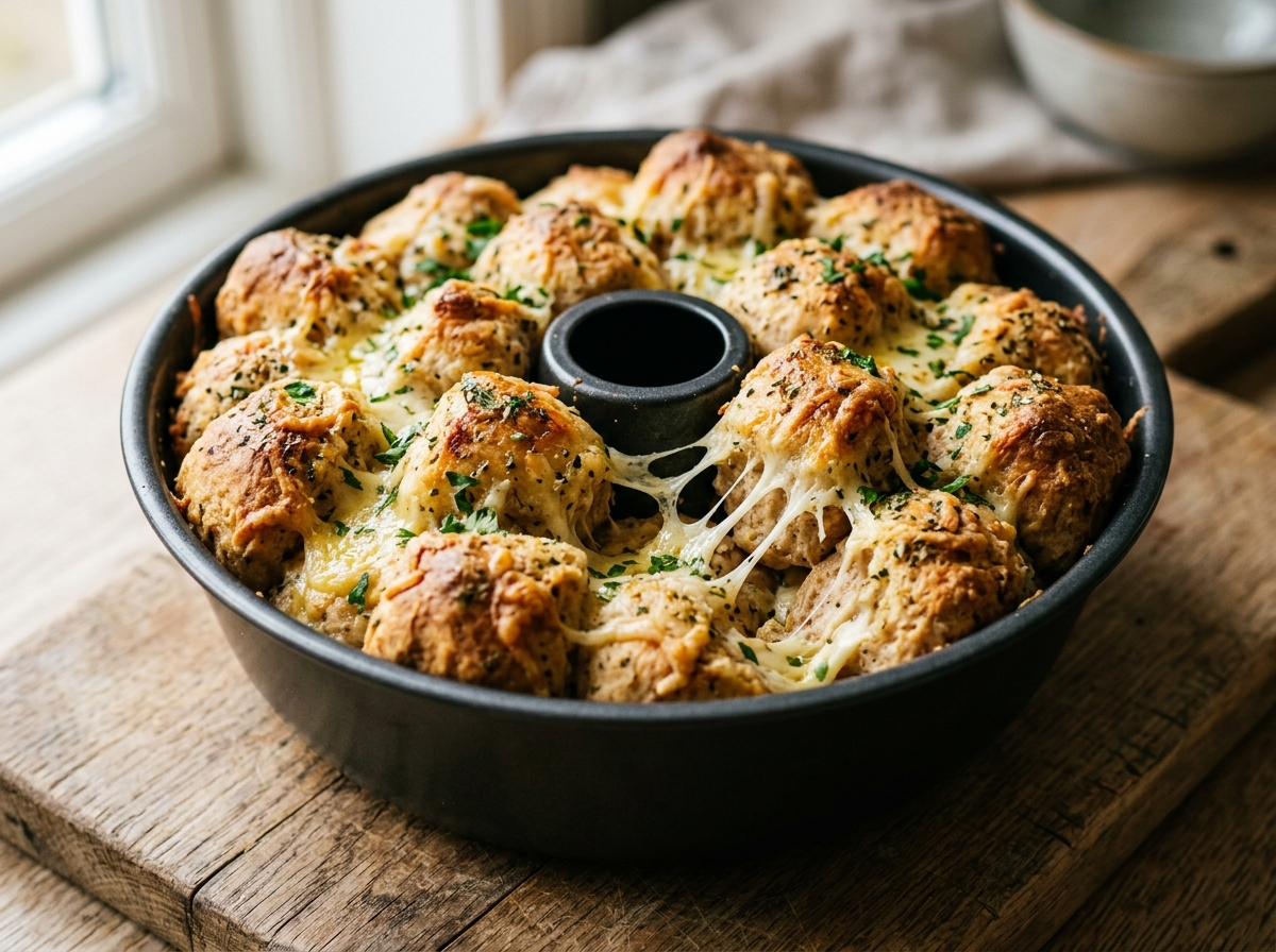 Golden spelt cheesy garlic monkey bread in a bundt pan with melted mozzarella and parsley on a wooden board