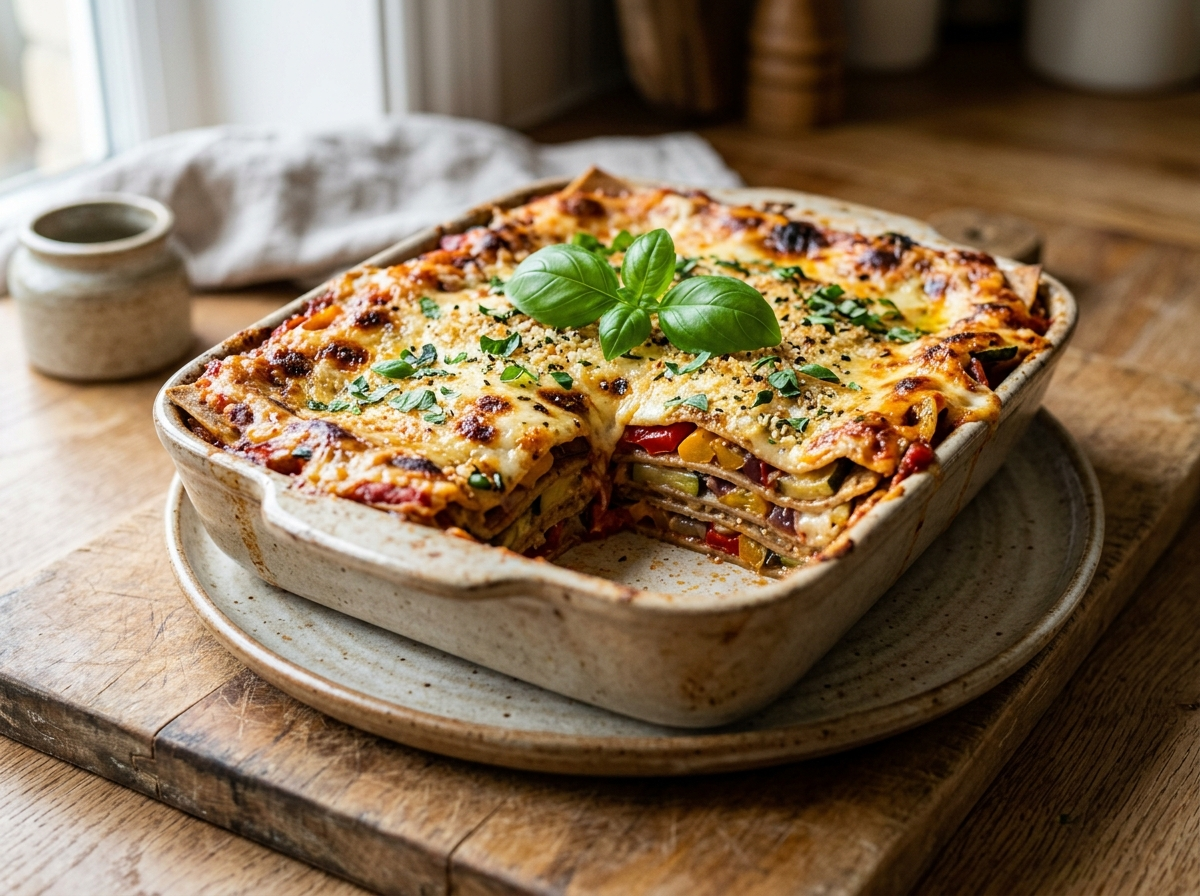 Baked spelt roasted vegetable lasagne with golden cheese top and visible layers of roasted zucchini and peppers