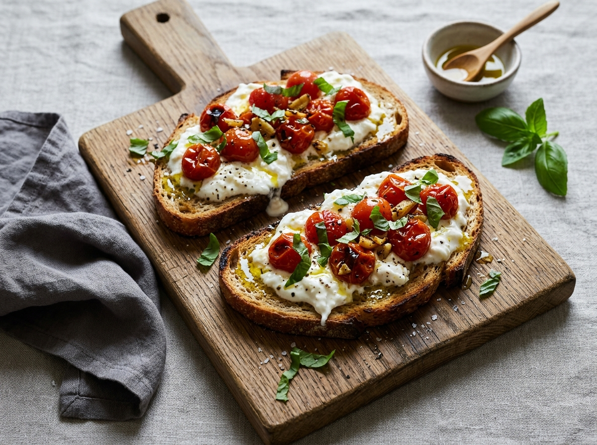 Spelt toast topped with torn burrata and roasted cherry tomatoes, basil and olive oil, on a wooden board