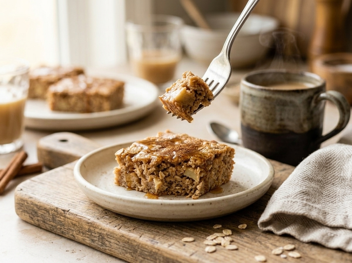 Single spelt apple cinnamon breakfast square on a plate with coffee mug and linen napkin in morning light