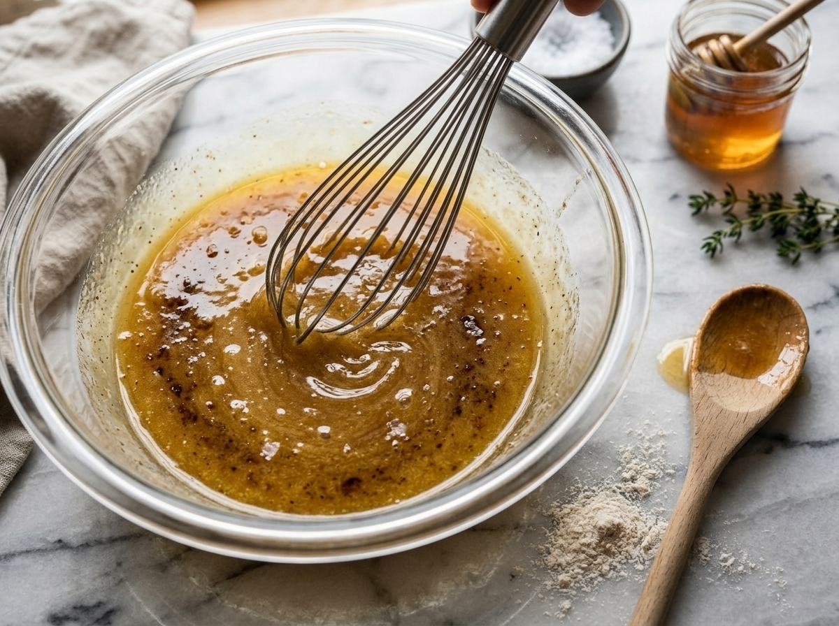 Whisking honey pie filling with browned butter in a glass bowl on a flour-dusted marble surface