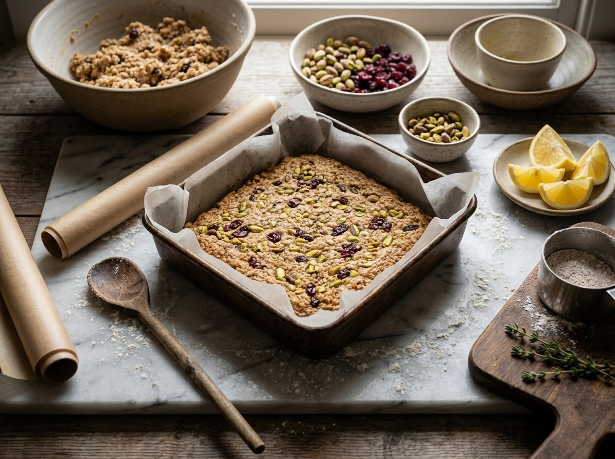 Hands pressing spelt biscuit dough with pistachios and cranberries into a parchment-lined baking pan before baking