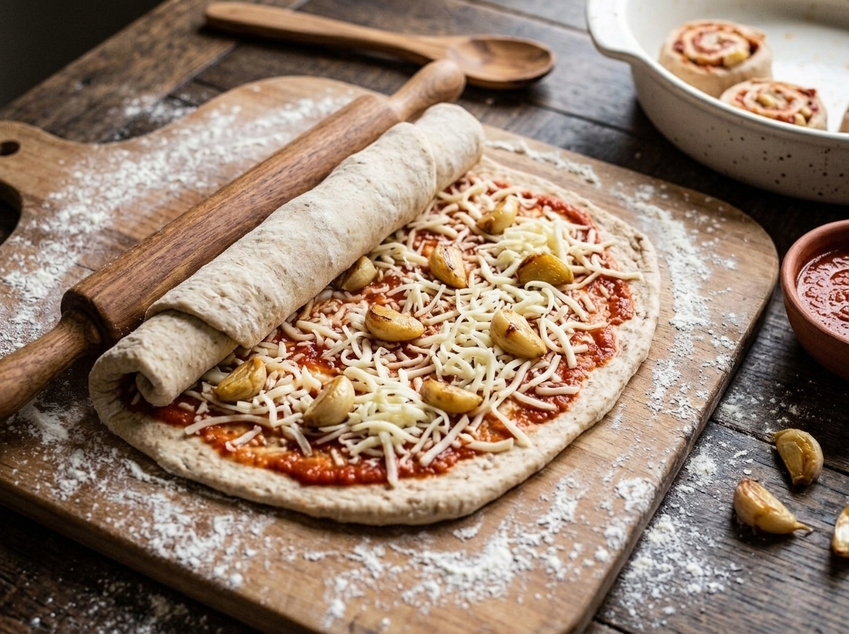 Hands rolling spelt pizza dough spread with roasted garlic cloves, marinara sauce and shredded mozzarella on a wooden board