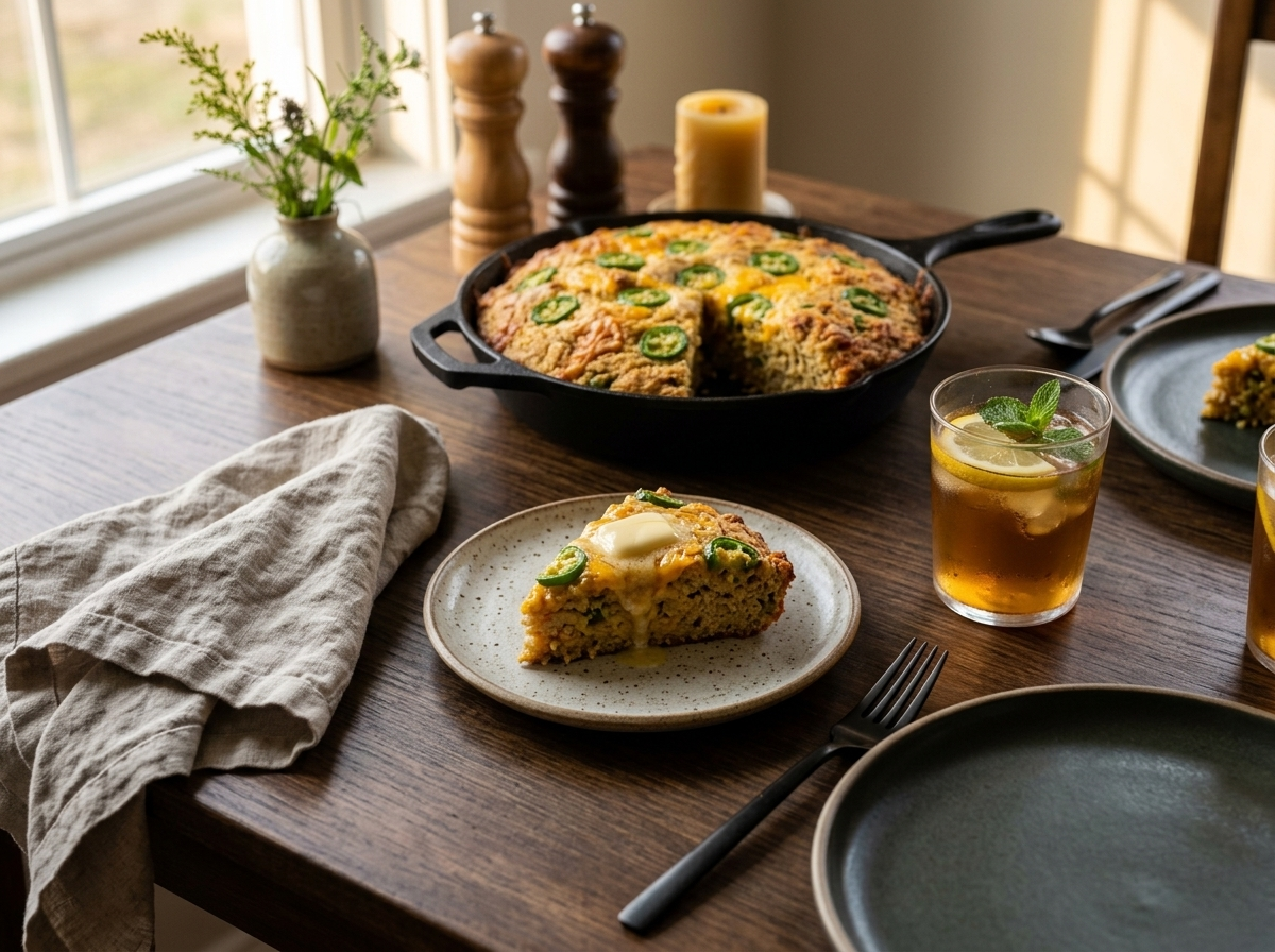 Warm slice of spelt cheddar jalapeño cornbread on a plate with melting butter and a glass of iced tea