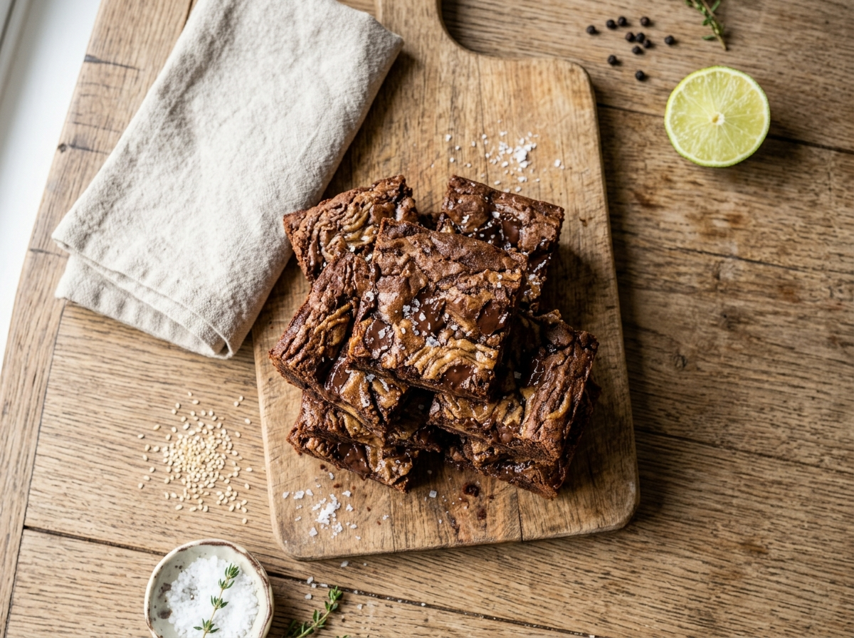Stacked spelt chocolate chip tahini blondies with a nutty tahini swirl and melted chocolate on a wooden board