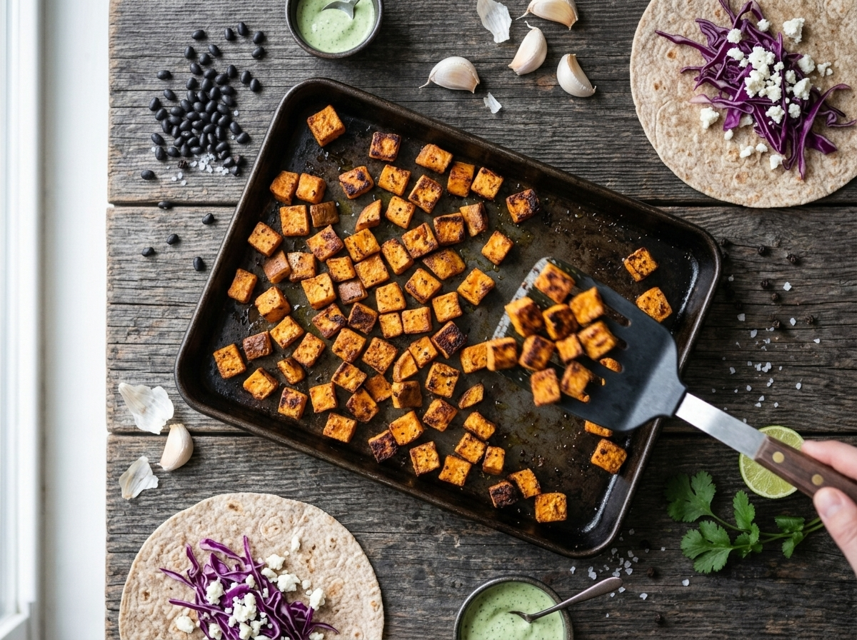 Diced sweet potato roasting on a sheet pan with caramelized edges, spatula turning pieces mid-cook