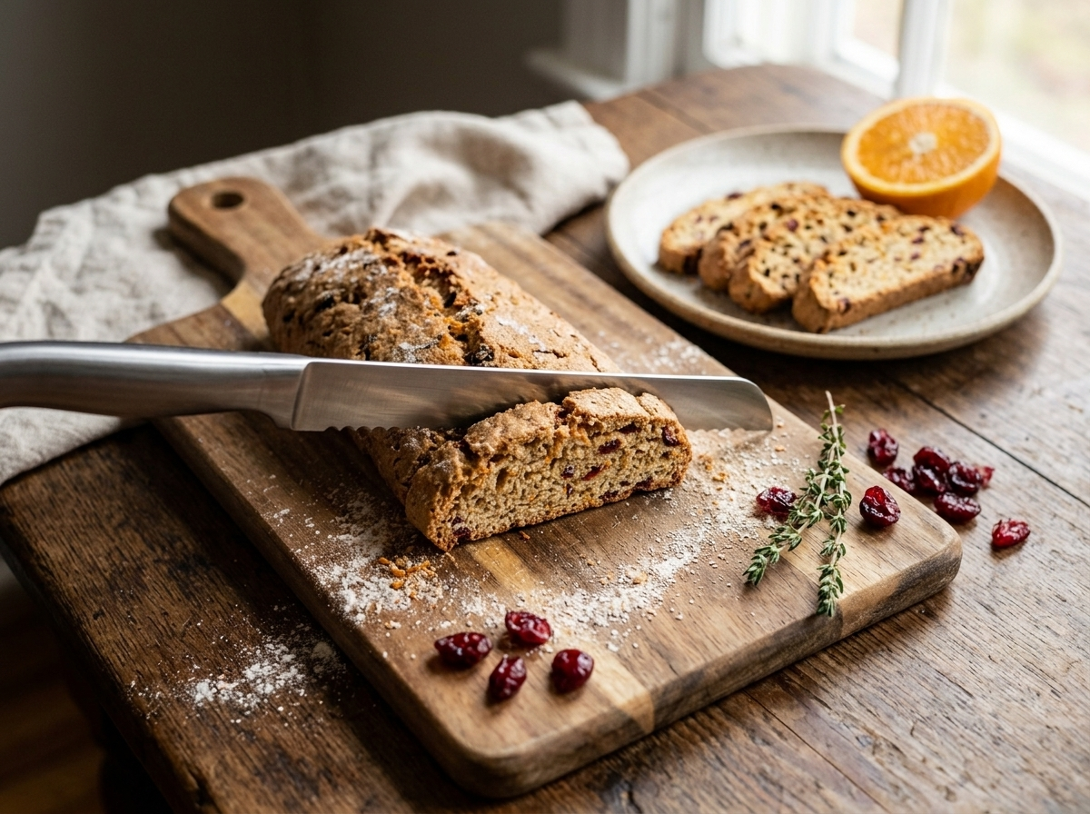 Hands slicing a baked spelt cranberry orange biscotti log with a serrated knife on a wooden board