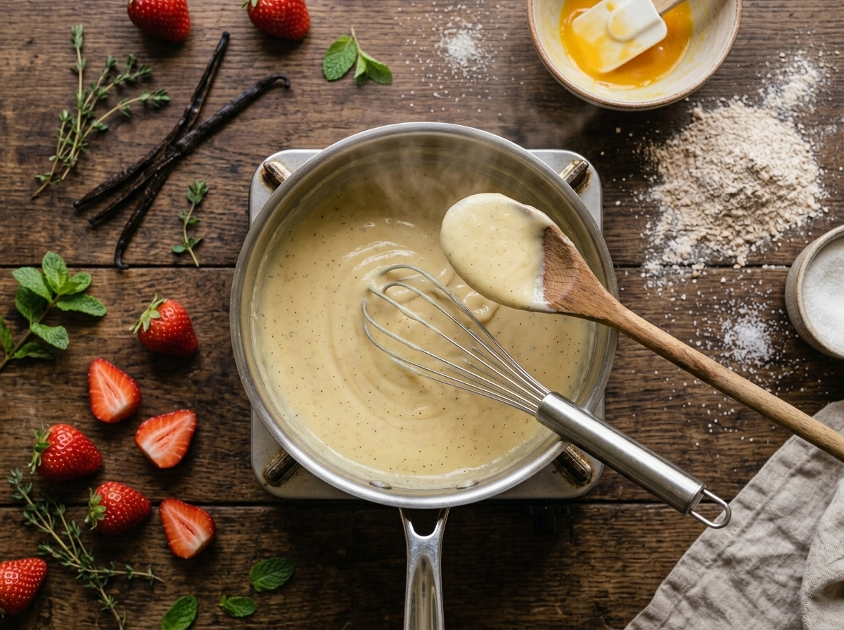 Vanilla custard thickening in a saucepan, coating a wooden spoon during the stovetop cooking step for the spelt tart