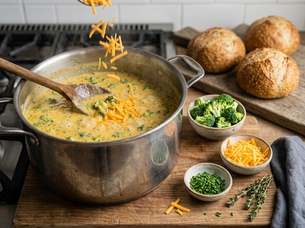 Broccoli cheddar soup simmering in a stockpot with cheddar shreds being stirred into the thickened base