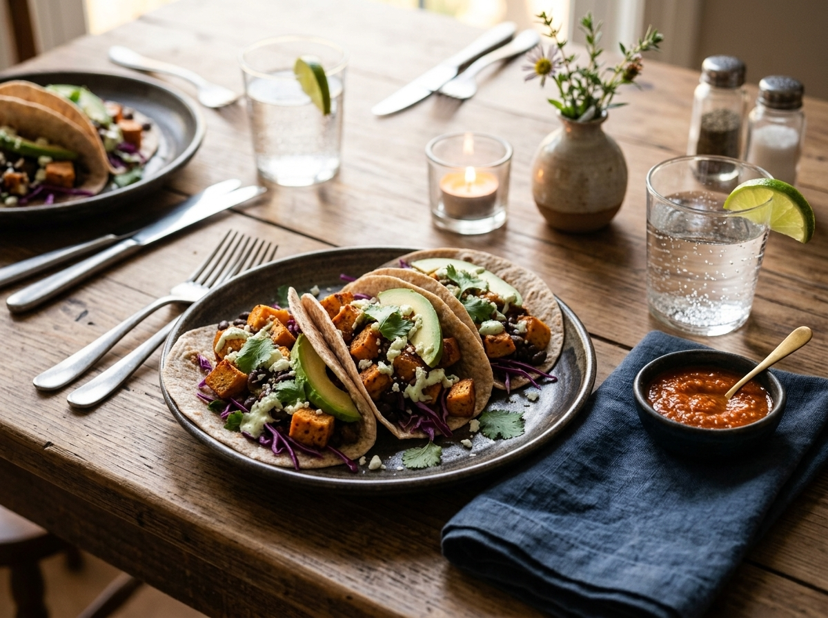Two spelt sweet potato and black bean tacos plated with lime wedges and hot sauce on a linen-covered table