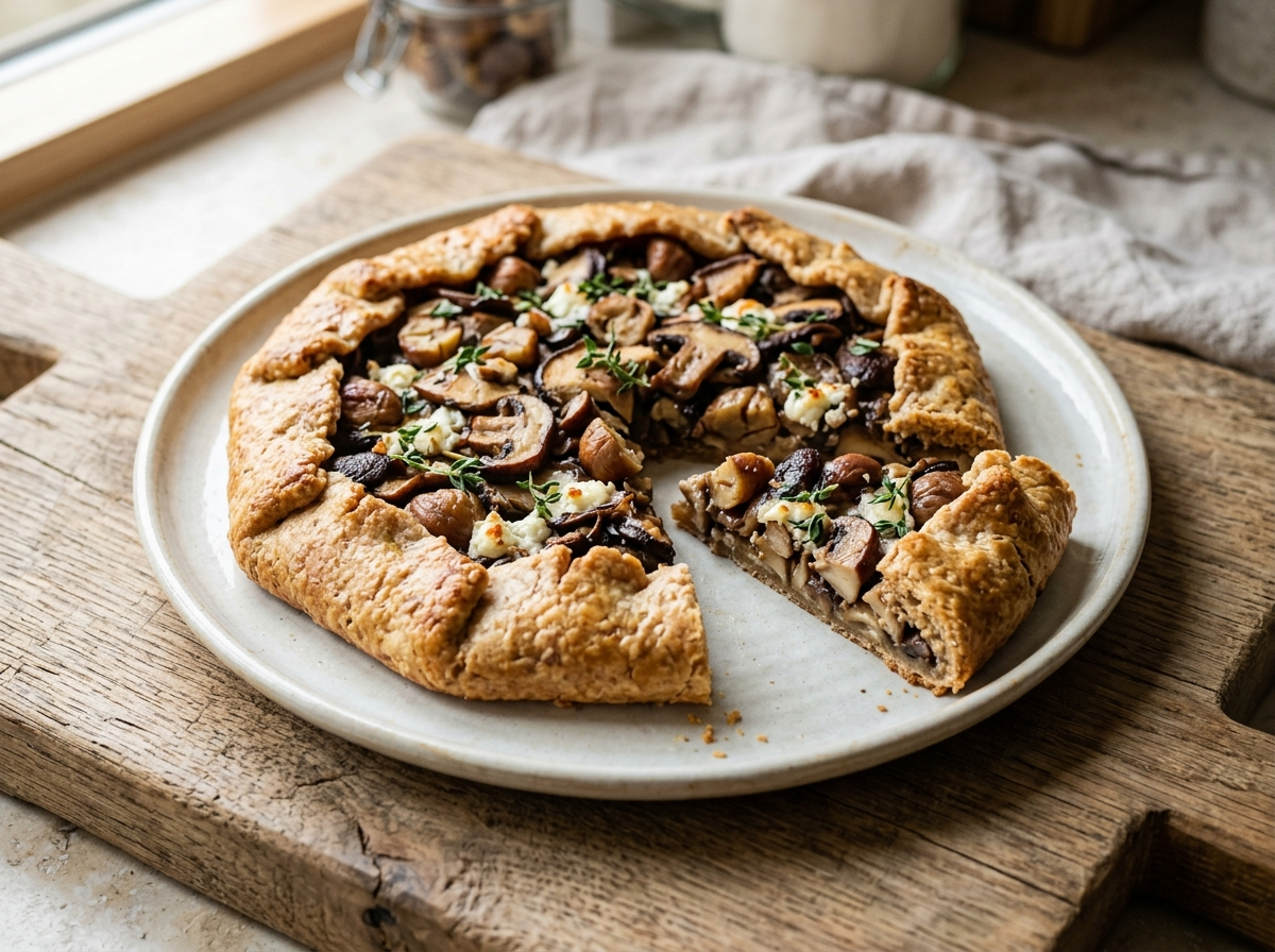 Golden spelt galette with mushrooms, chestnuts, and goat cheese, sliced on a wooden board with fresh thyme