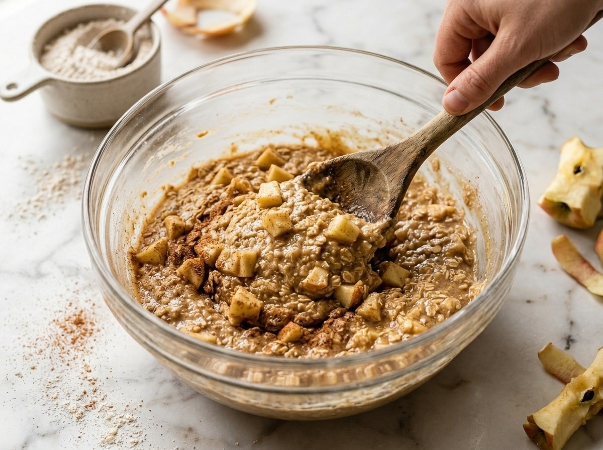 Hand folding diced apples into thick spelt batter in a glass bowl with a wooden spoon on a marble counter