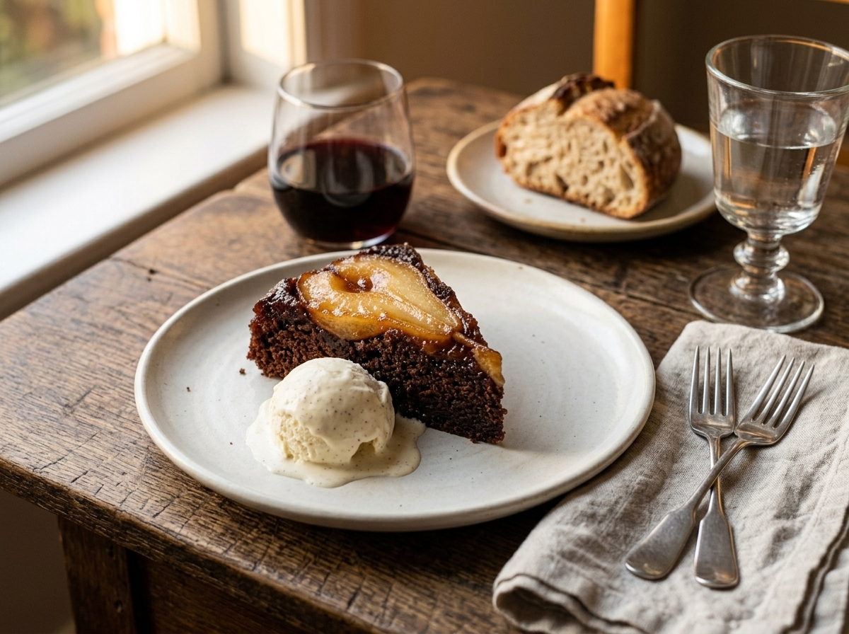 Slice of spelt chocolate pear upside-down cake plated with vanilla ice cream and a linen napkin