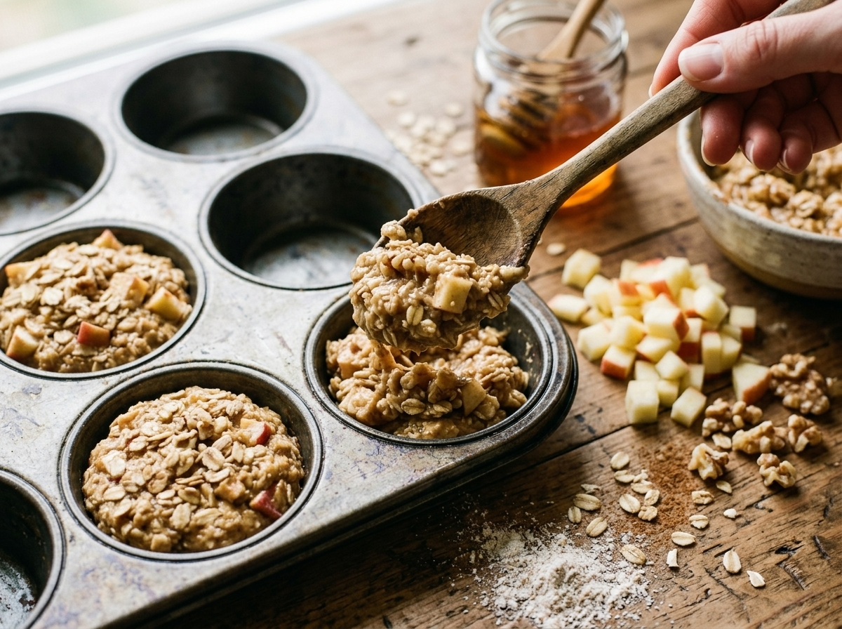 Hands folding diced apple and walnuts into spelt oat batter in a glass bowl on a wooden countertop