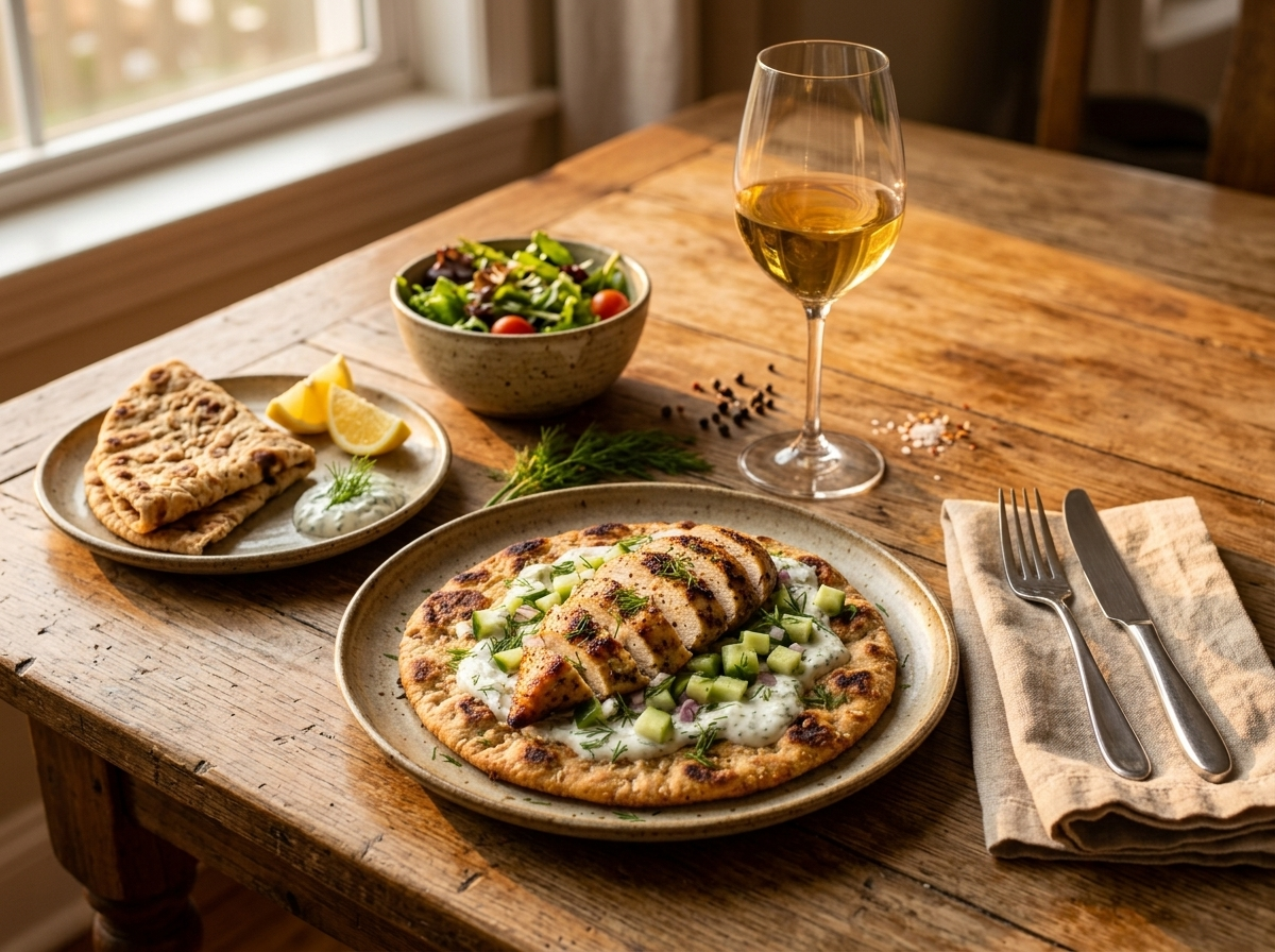 Folded spelt flatbread with lemon garlic chicken and yogurt sauce served on a linen napkin with lemon wedges