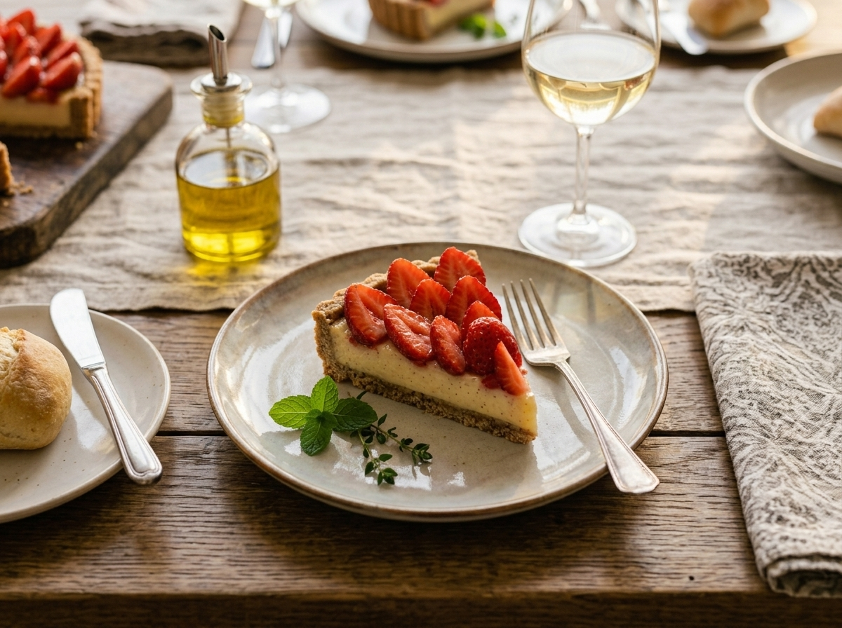 Plated slice of spelt strawberry custard tart on a marble table with a linen napkin and glass of white wine nearby