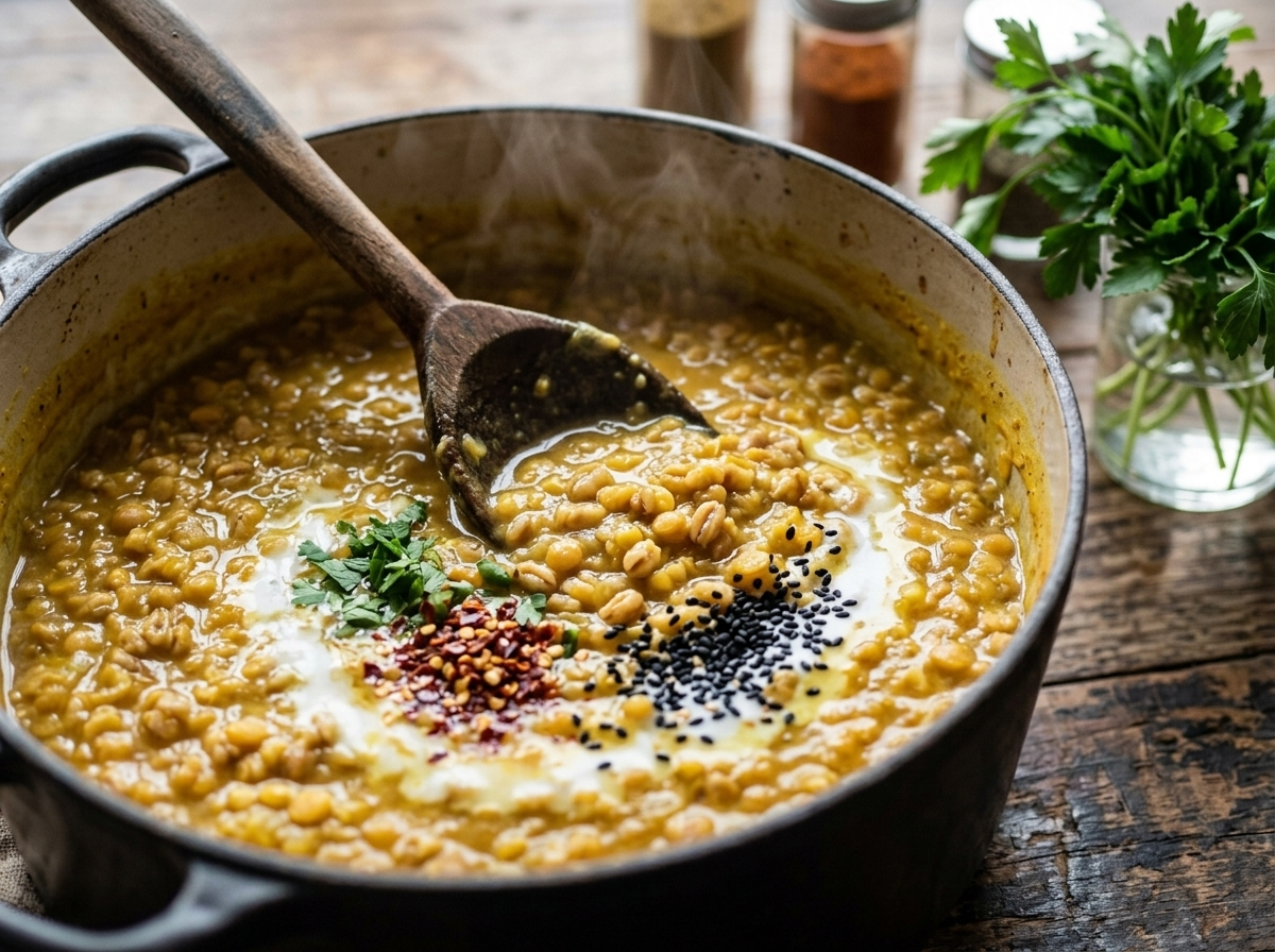 Creamy Coconut Lentil Stew with Chewy Spelt Berries process shot