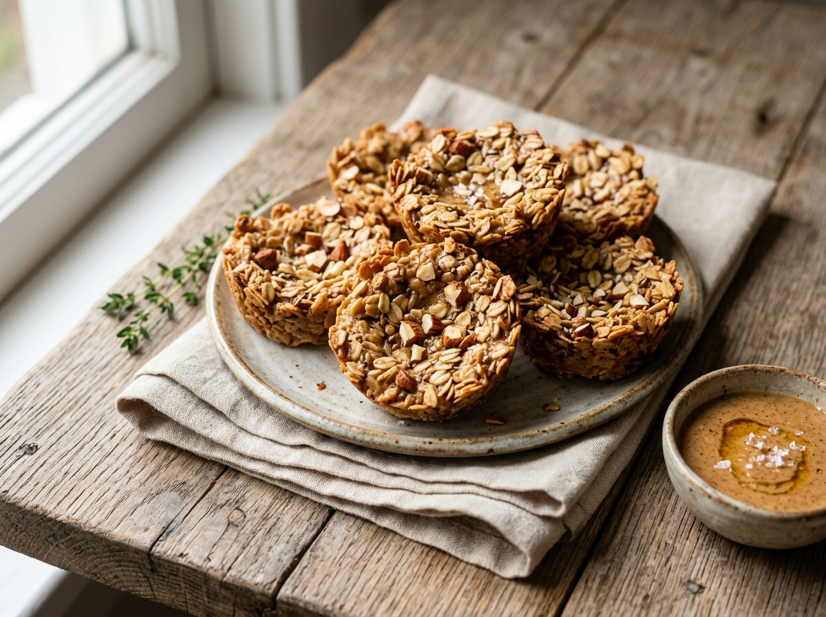 Muffin tin of baked spelt almond butter granola cups with golden edges, oats and almonds scattered on a wooden board