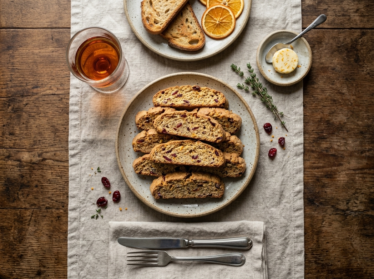 Spelt cranberry orange biscotti leaning against a coffee mug on a marble table with orange slices