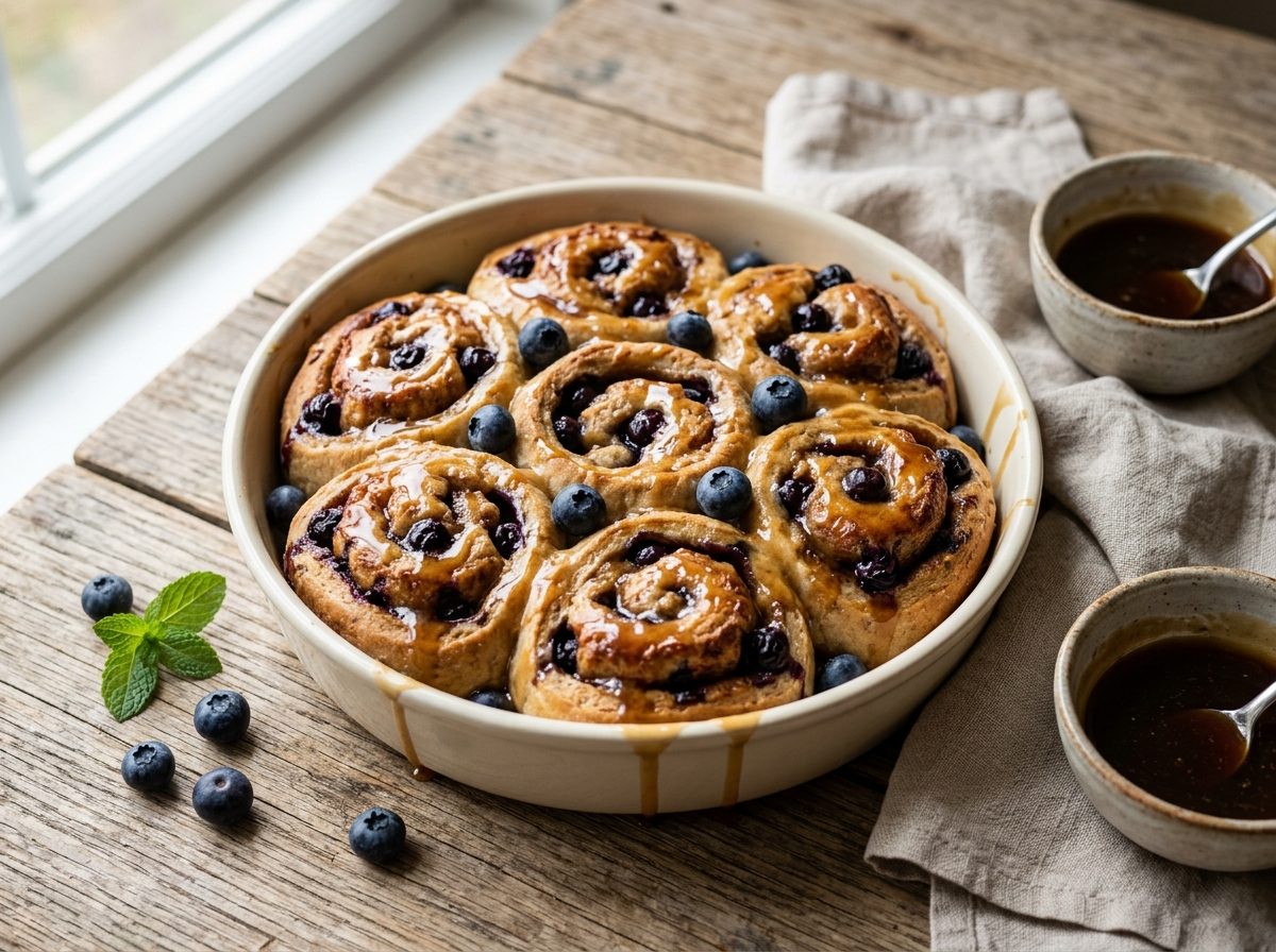 Golden spelt blueberry maple breakfast rolls in a baking dish with maple glaze dripping over fresh blueberries