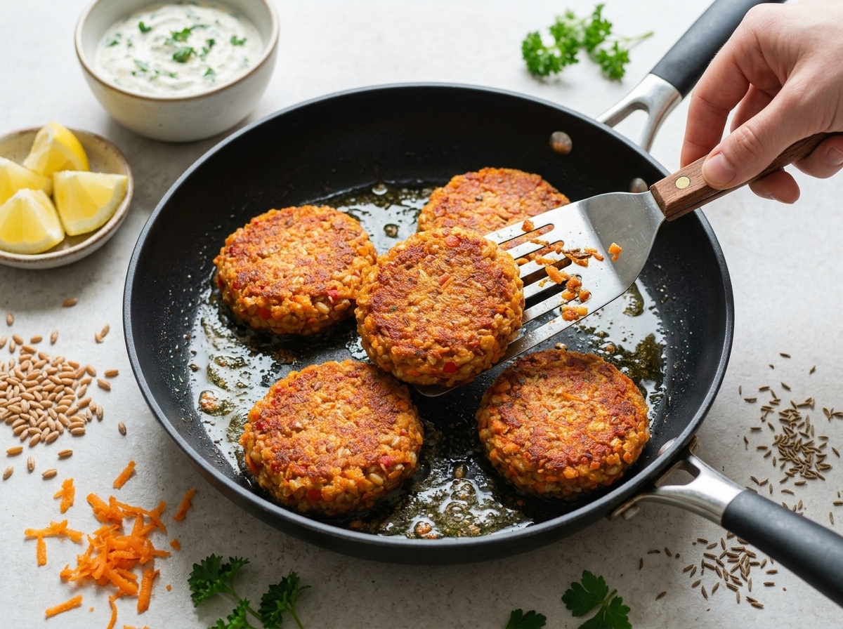 A cook flips a golden-brown lentil patty in a sizzling skillet, olive oil glistening around the edges.