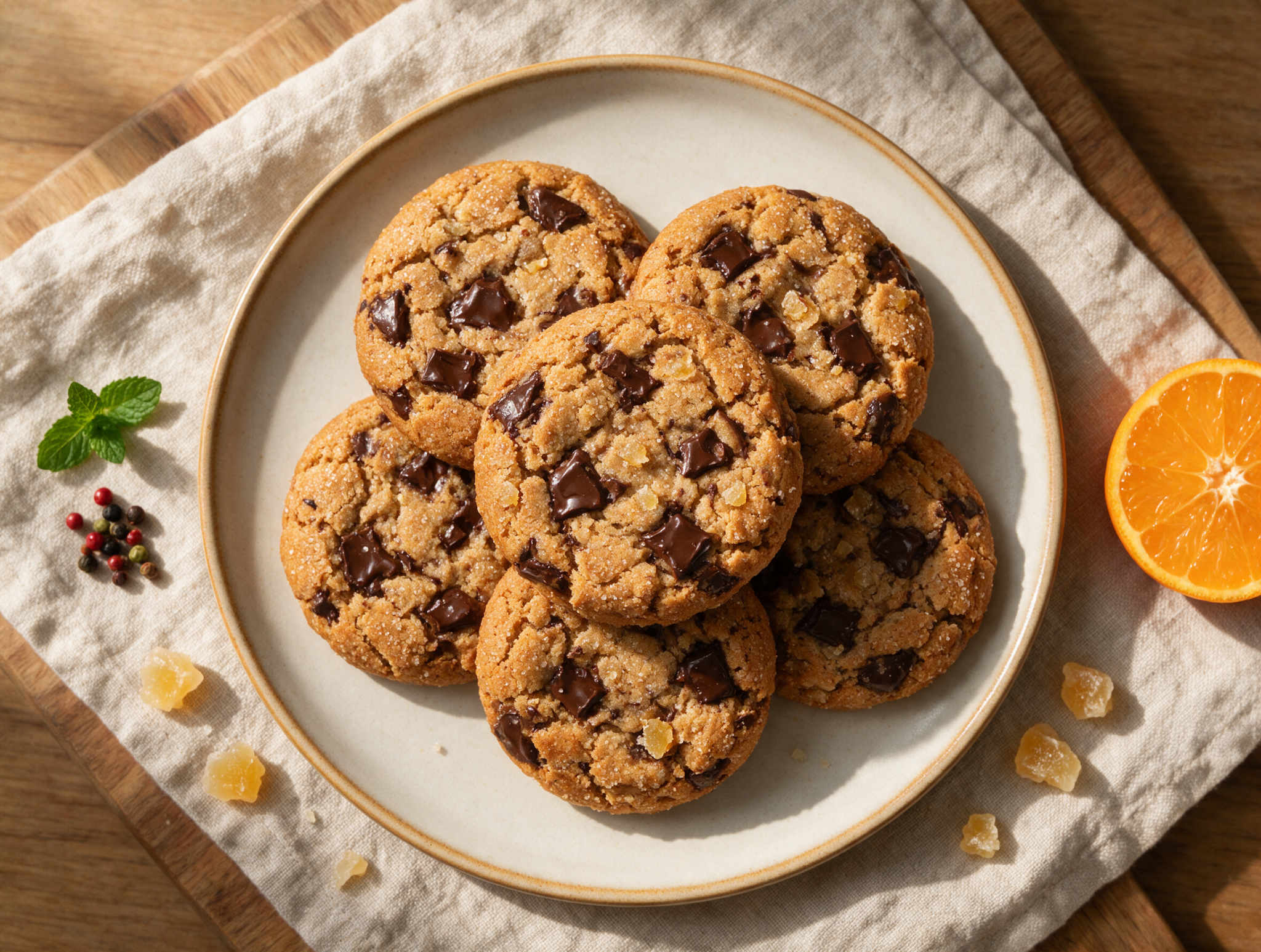 Stacked spelt dark chocolate ginger cookies with cracked sugar tops and visible chocolate chunks on a wooden board