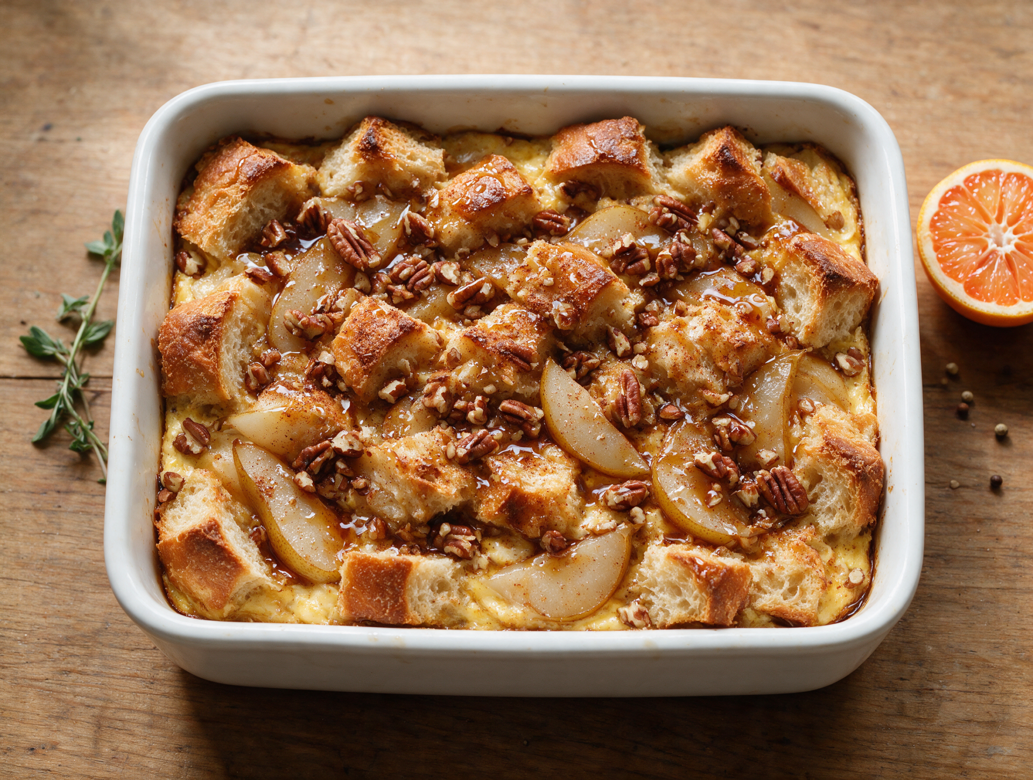 Overhead shot of golden spelt cinnamon pear French toast bake in a ceramic dish, syrup dripping over sliced pears.