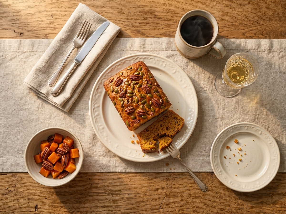Hands breaking a warm slice of pumpkin loaf at a breakfast table with coffee, linen napkin, and maple syrup jug.