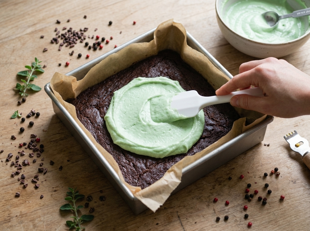 Spreading pale green mint filling over a cooled fudgy brownie base in a parchment-lined square baking pan