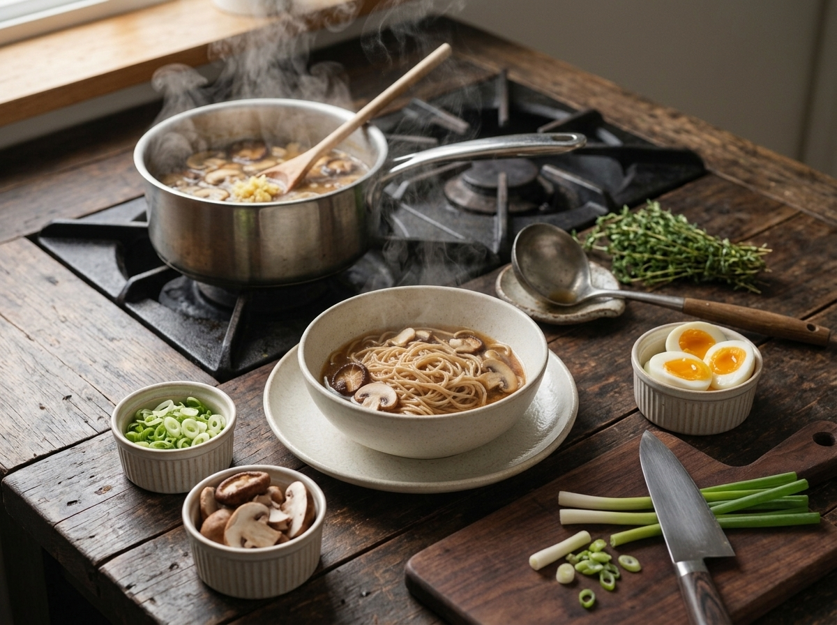 Close-up of sliced shiitake and chestnut mushrooms simmering in miso broth in a stainless saucepan, wooden spoon stirring.