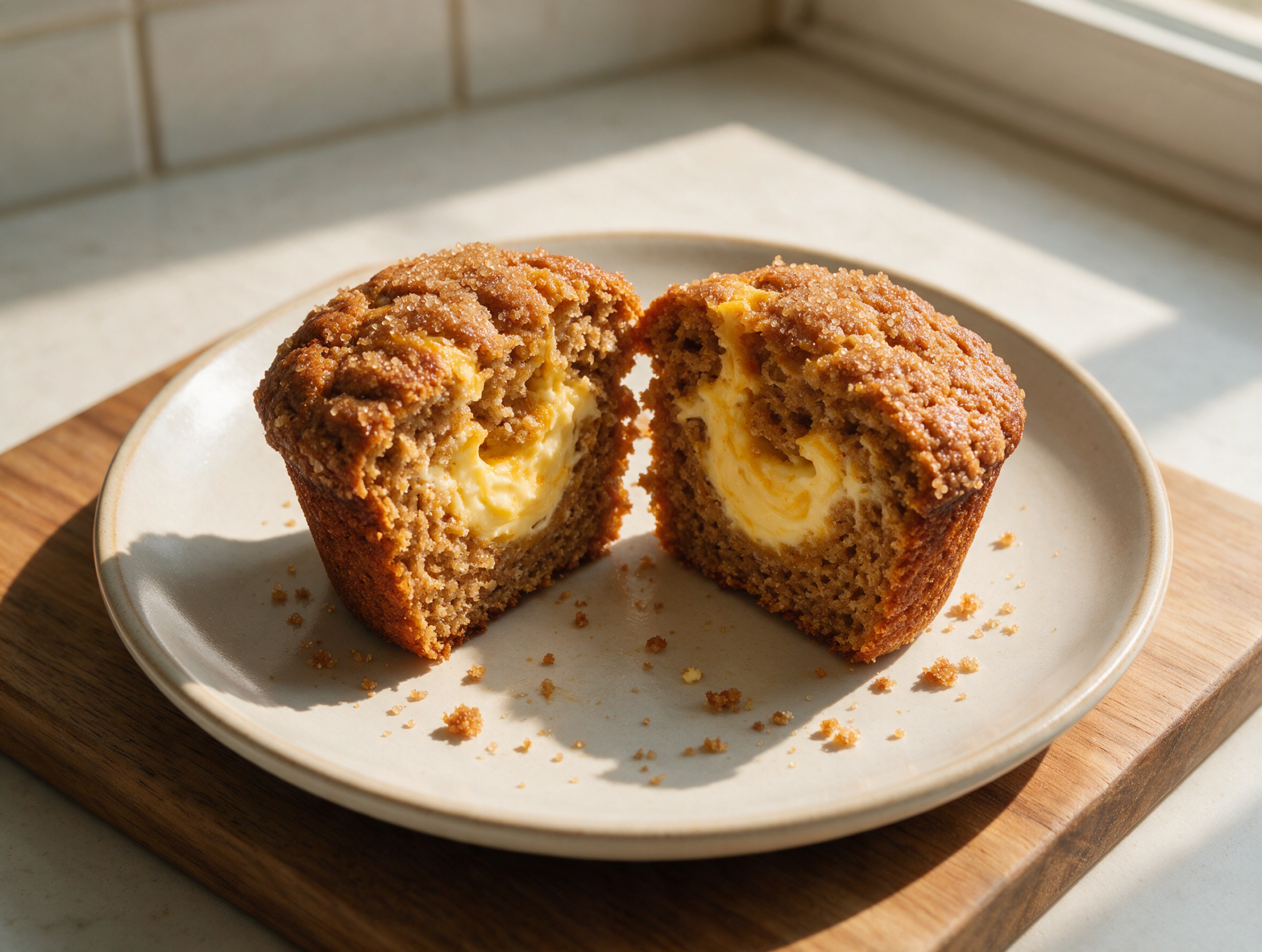 Overhead shot of a spelt pumpkin muffin split open, showing a golden cream cheese center and turbinado sugar crust.