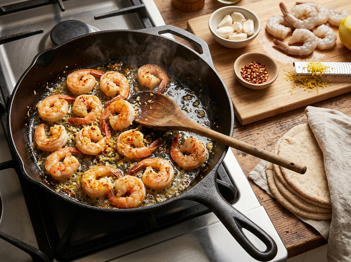 Prawns searing in a cast-iron skillet with garlic and chili flakes, pan juices bubbling around the pink shrimp.