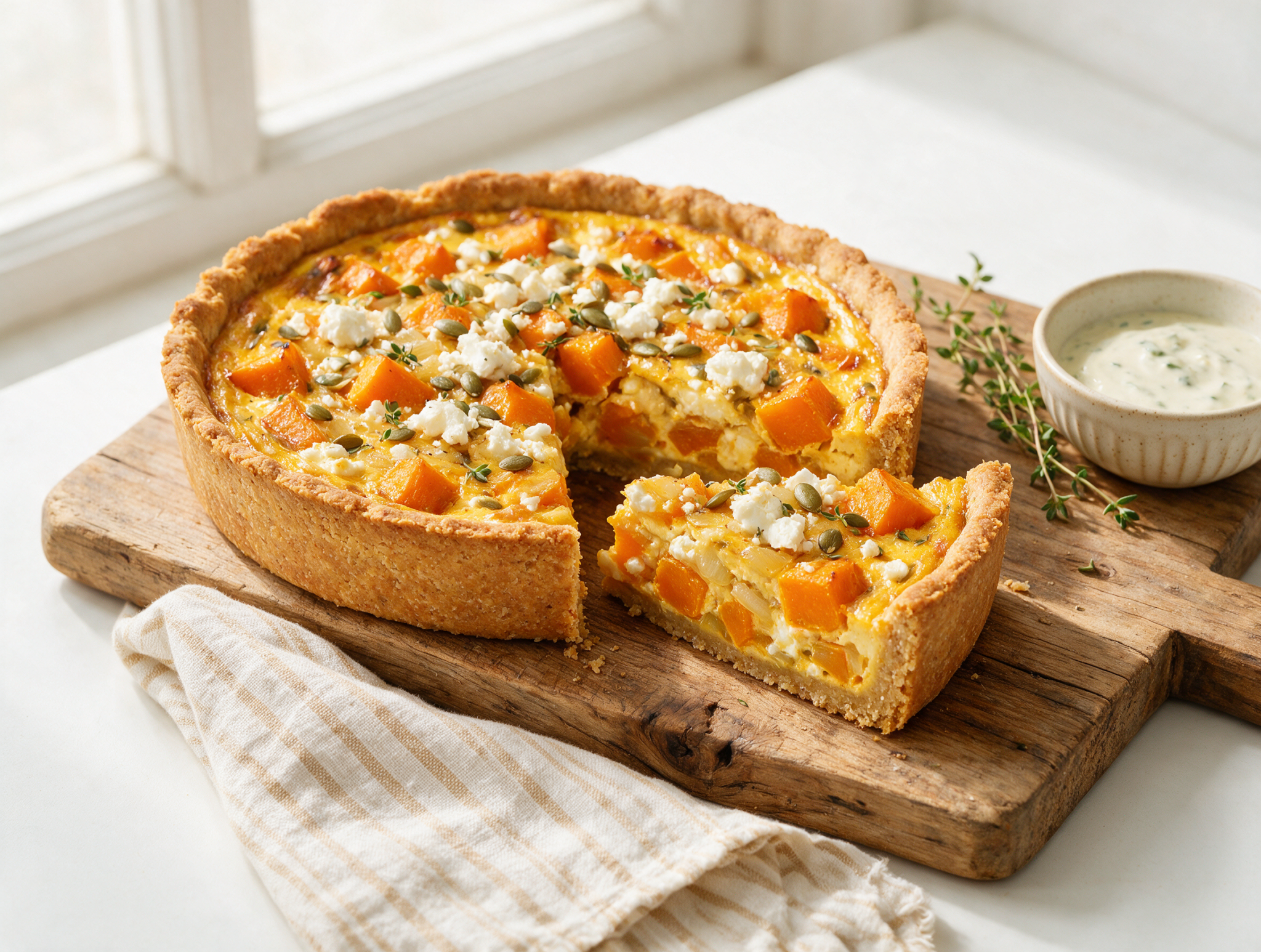 Sliced spelt pumpkin feta quiche on a wooden board showing golden custard, roasted pumpkin cubes, and crumbled feta