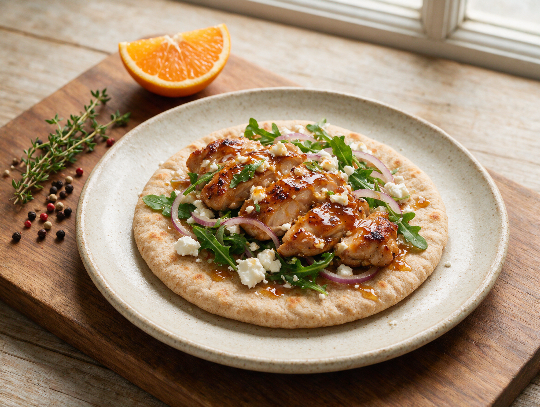 Seared chicken and hot honey flatbread on a wooden board, feta crumbled over arugula, honey glistening in golden light