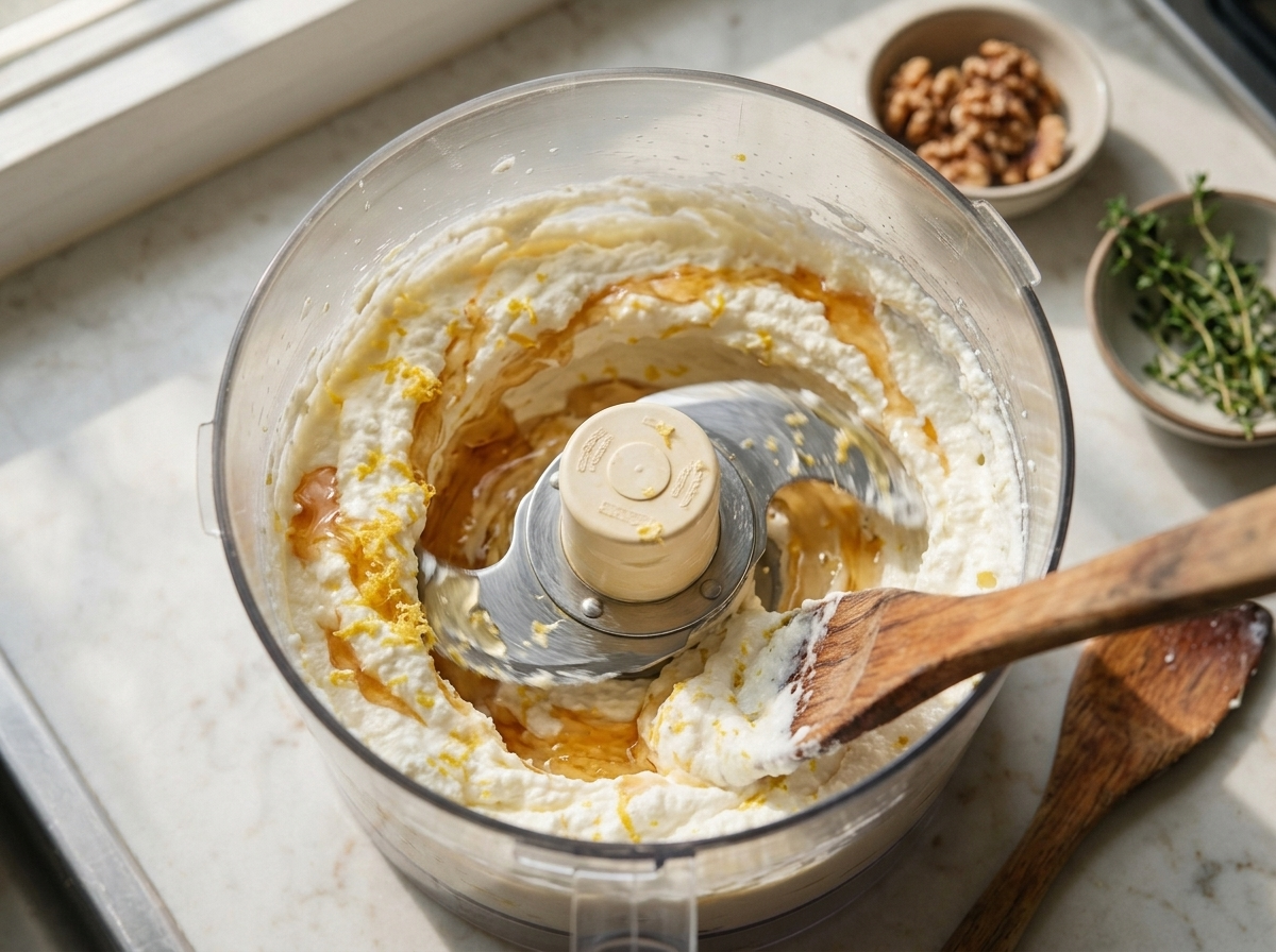 Close-up of a food processor blending ricotta, honey, and lemon zest into a light, airy whipped texture.
