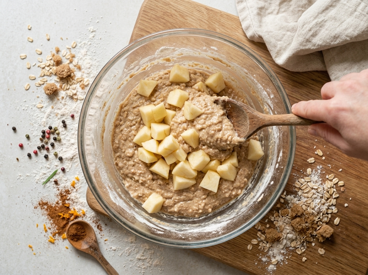 Hands folding diced apples into thick spelt muffin batter in a glass mixing bowl with a wooden spoon