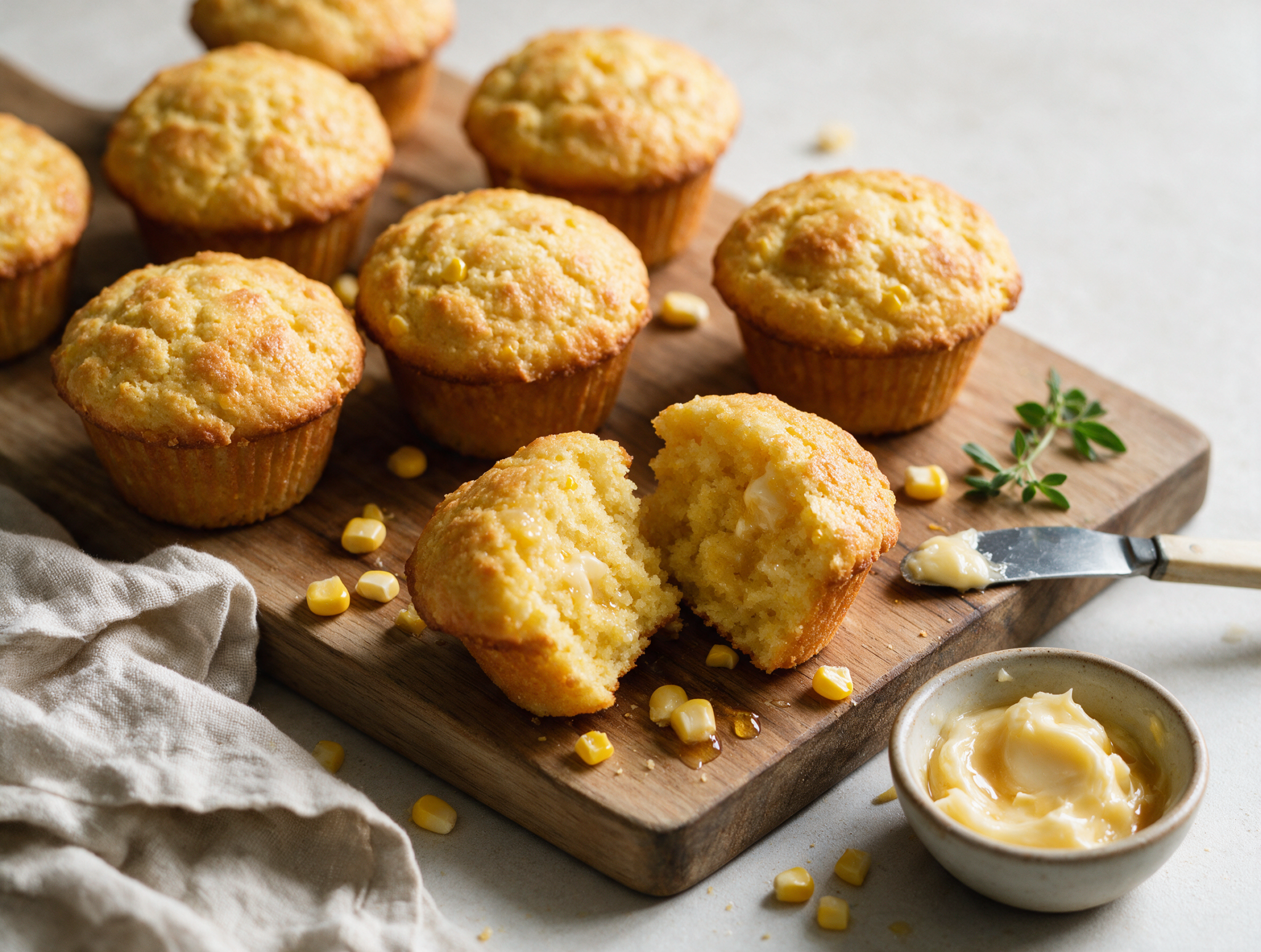 Golden spelt corn muffins on a wooden board with one split open showing a soft crumb and a dish of honey butter