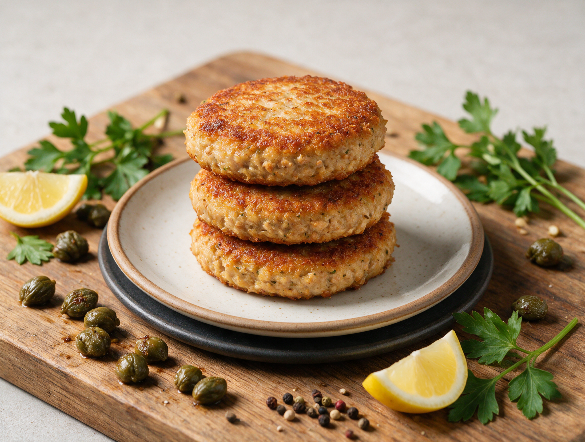 Golden pan-fried spelt lemon caper tuna cakes stacked on a wooden board with lemon wedges and fresh parsley.