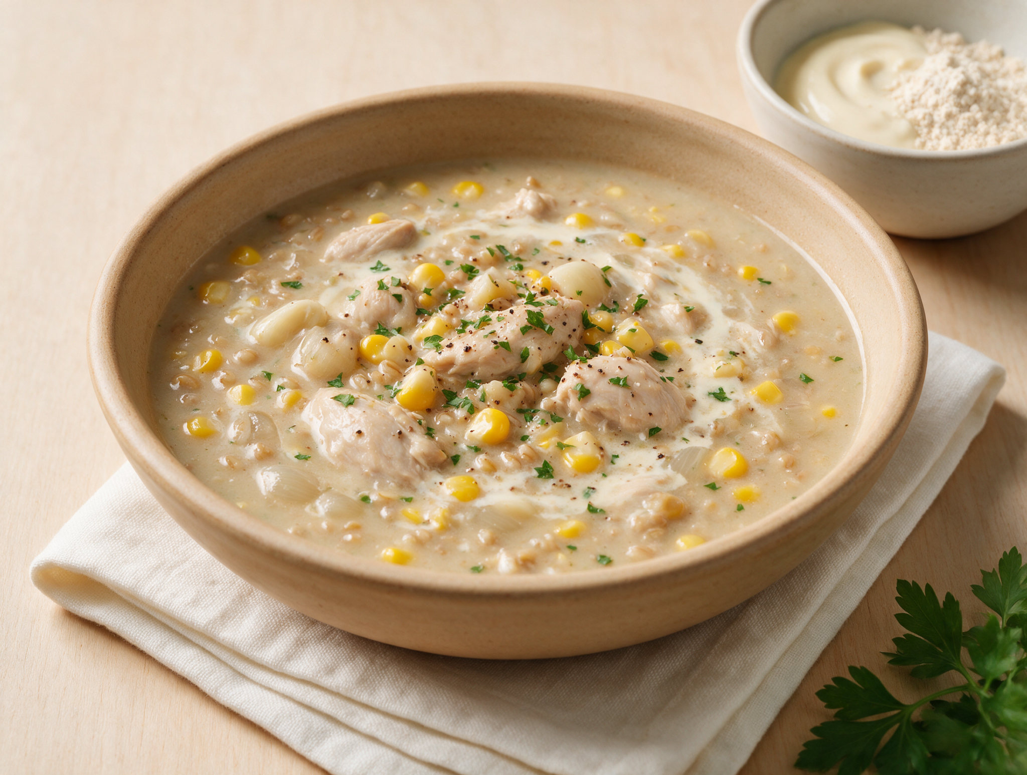 Overhead bowl of creamy chicken and sweetcorn soup with visible corn kernels, parsley flecks, and cracked pepper